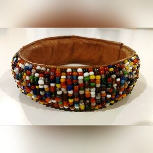 Vintage Hand Beaded Multicolor Leather Bangle Bracelet